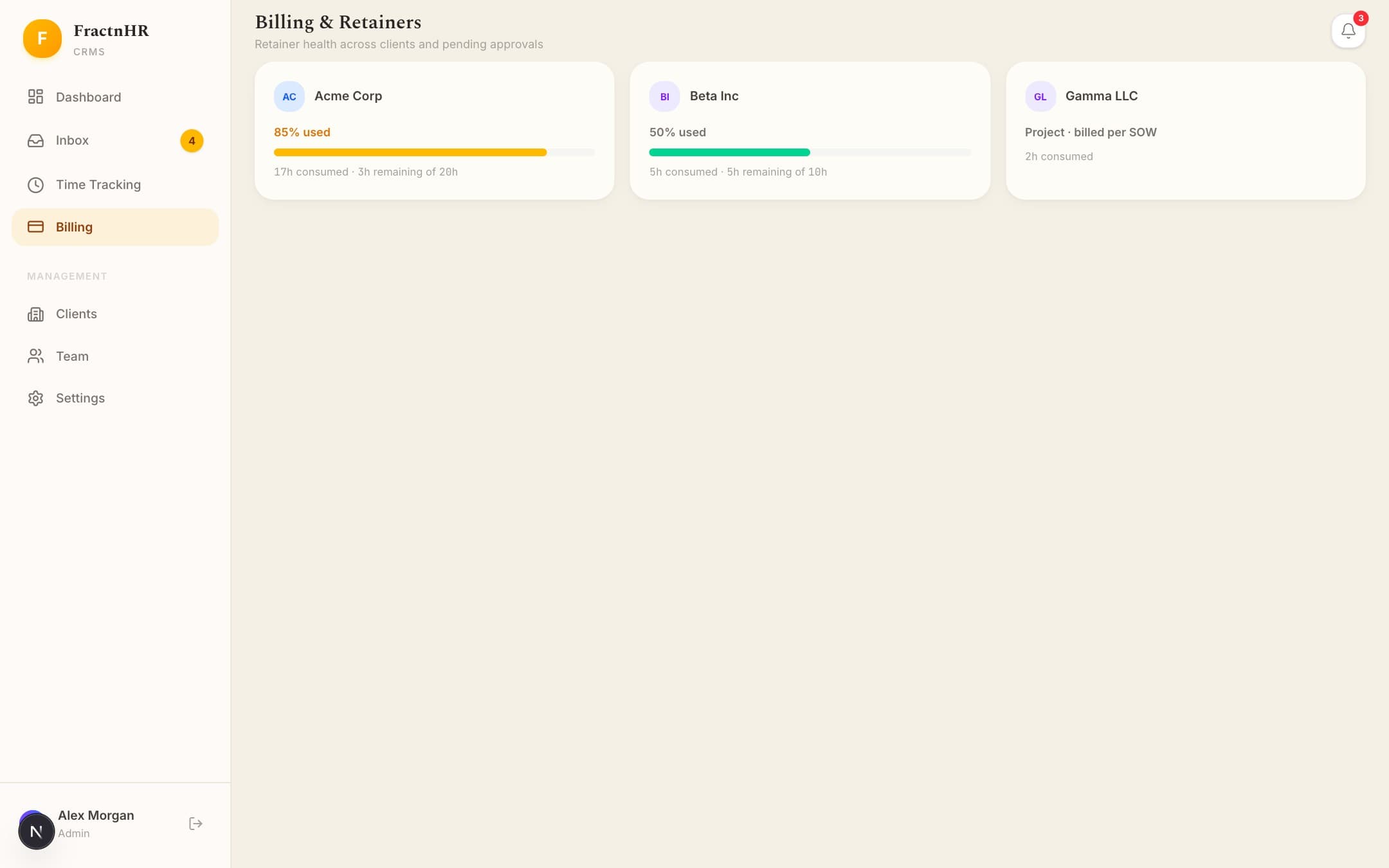 Billing view with retainer health gauges across clients