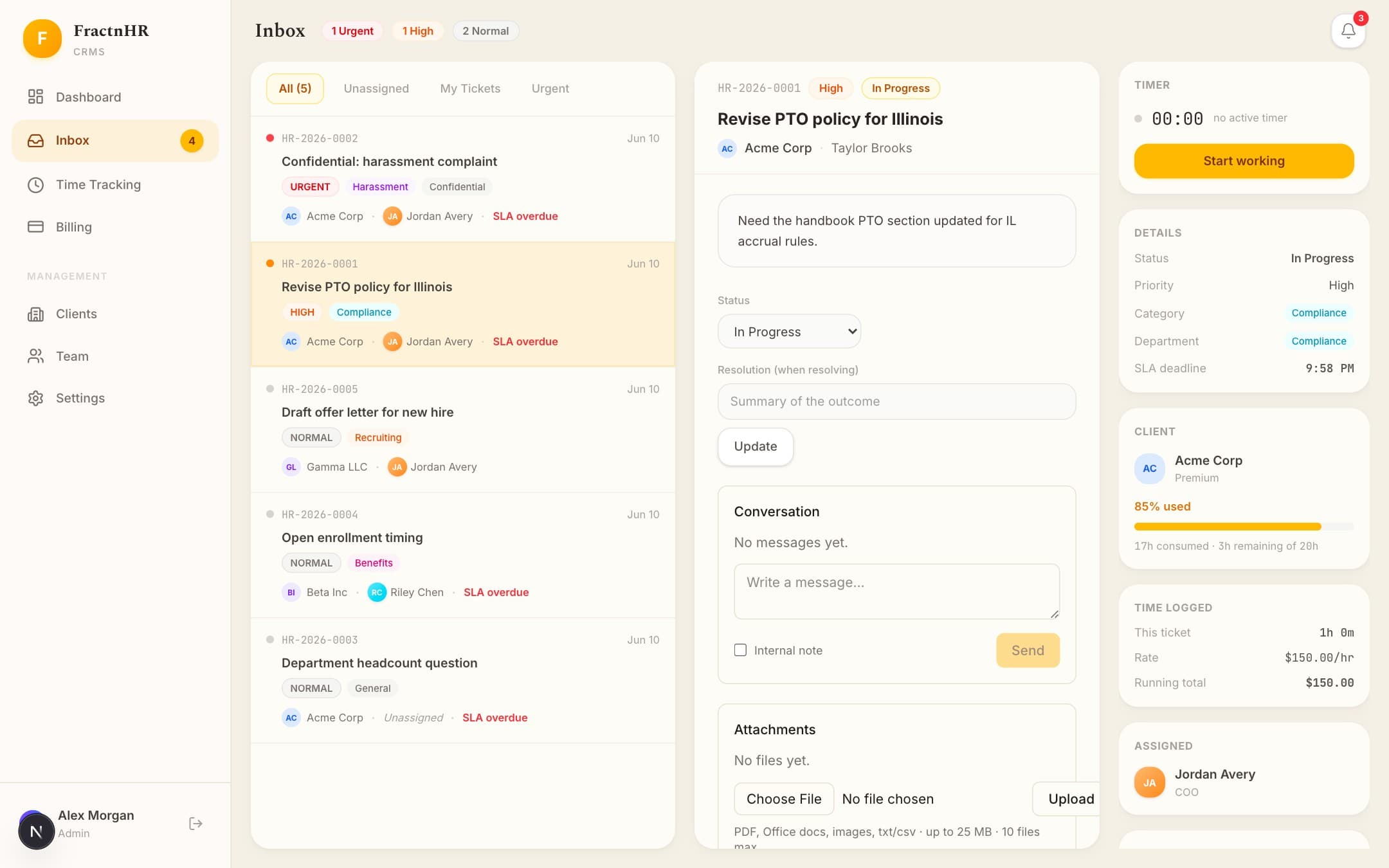 FractnHR unified inbox: every client's requests in one triaged, three-pane view