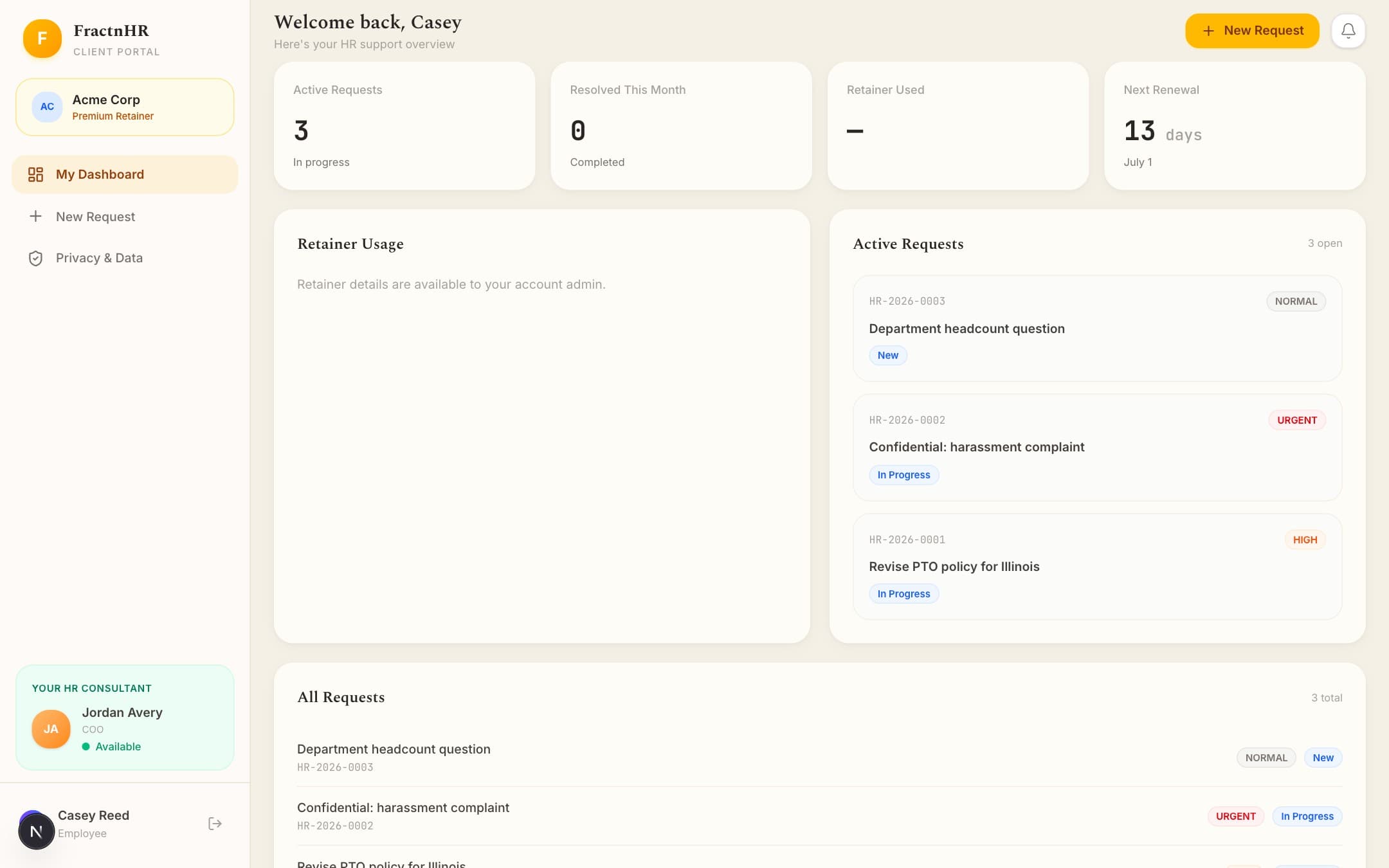 The client portal showing requests, retainer usage, and the assigned consultant