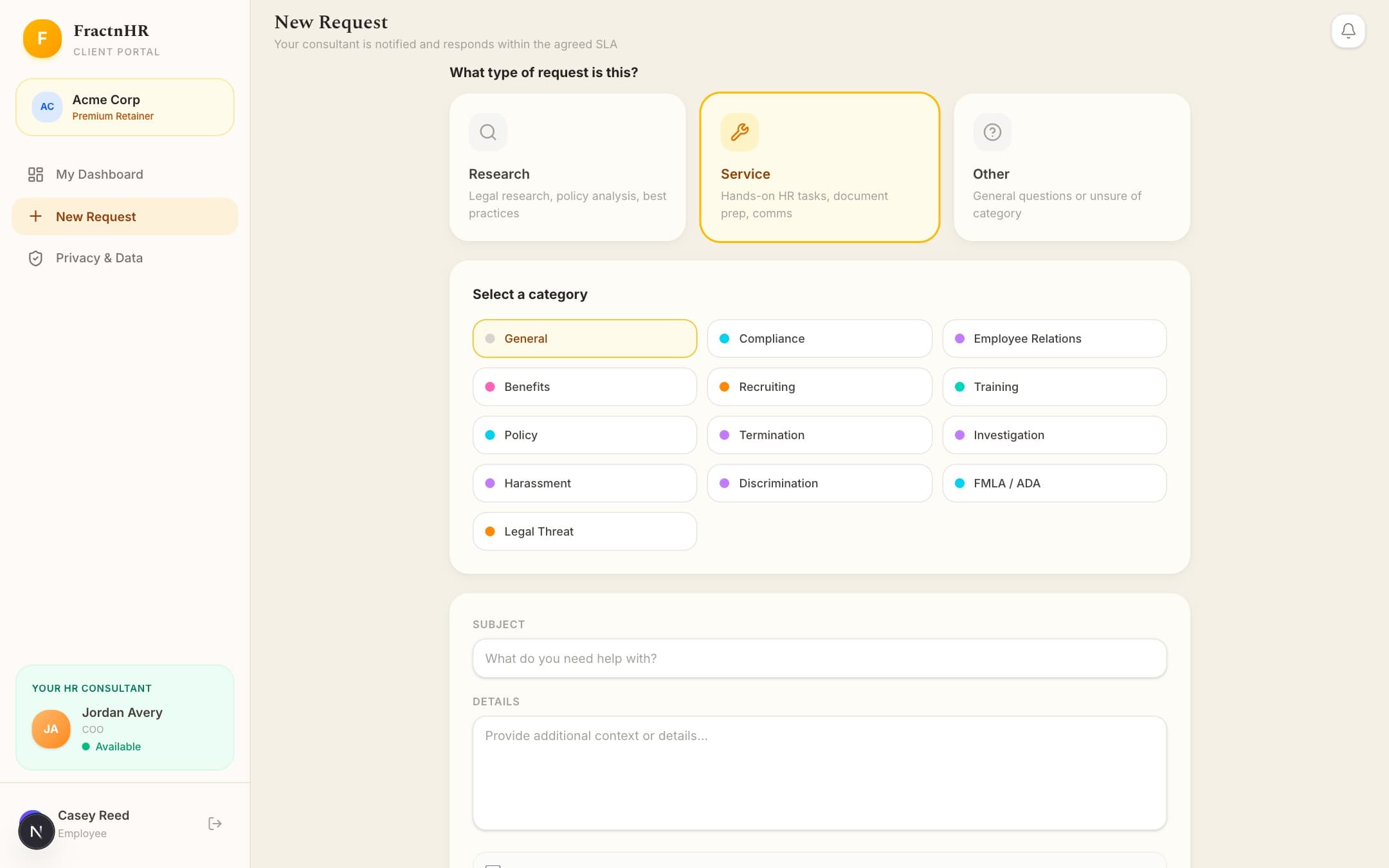 The new-request form showing a live auto-routing preview
